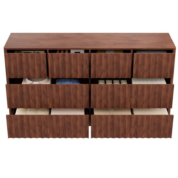English Elm Mid Century Fluted 8 Drawer Dresser with Push Open Design and Solid Wood Legs Walnut Brown N739SC00003N