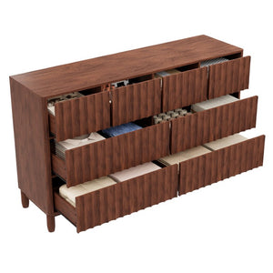 English Elm Mid Century Fluted 8 Drawer Dresser with Push Open Design and Solid Wood Legs Walnut Brown N739SC00003N