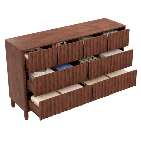 English Elm Mid Century Fluted 8 Drawer Dresser with Push Open Design and Solid Wood Legs Walnut Brown N739SC00003N