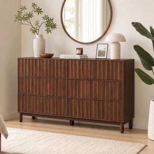 English Elm Mid Century Fluted 8 Drawer Dresser with Push Open Design and Solid Wood Legs Walnut Brown N739SC00003N