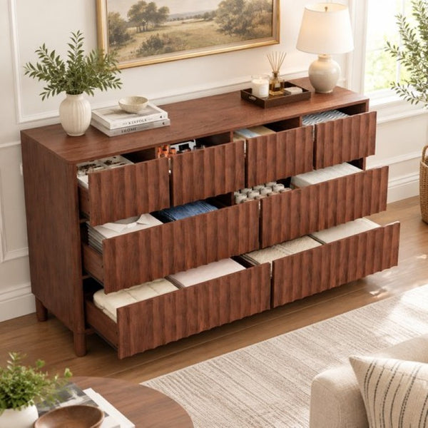 English Elm Mid Century Fluted 8 Drawer Dresser with Push Open Design and Solid Wood Legs Walnut Brown N739SC00003N