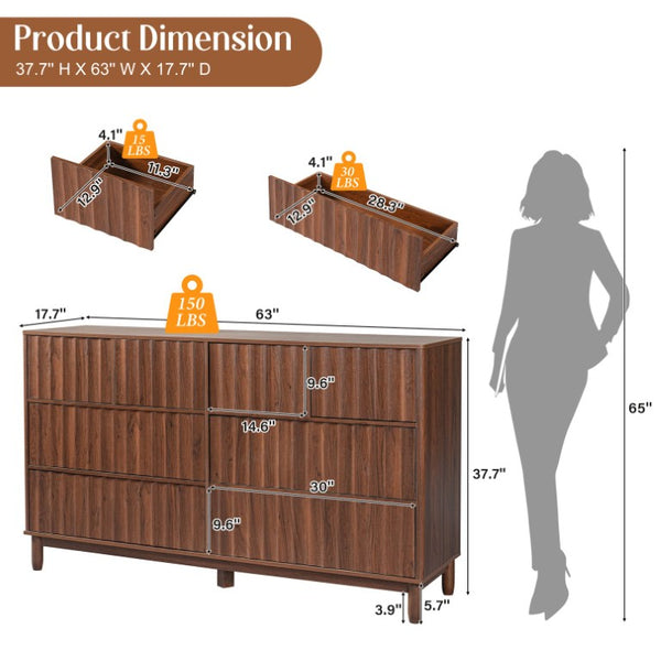 English Elm Mid Century Fluted 8 Drawer Dresser with Push Open Design and Solid Wood Legs Walnut Brown N739SC00003N