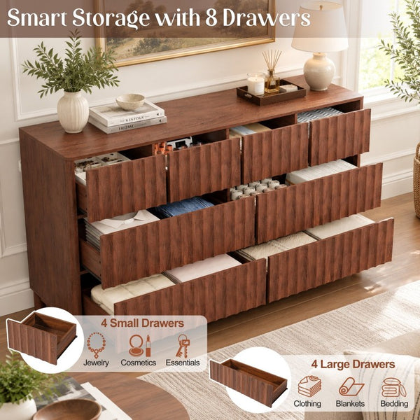 English Elm Mid Century Fluted 8 Drawer Dresser with Push Open Design and Solid Wood Legs Walnut Brown N739SC00003N
