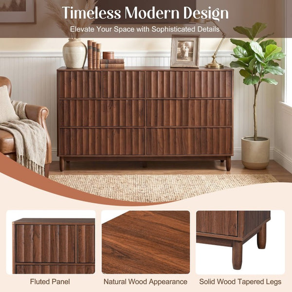 English Elm Mid Century Fluted 8 Drawer Dresser with Push Open Design and Solid Wood Legs Walnut Brown N739SC00003N