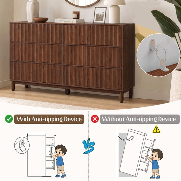 English Elm Mid Century Fluted 8 Drawer Dresser with Push Open Design and Solid Wood Legs Walnut Brown N739SC00003N