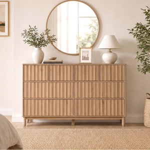 English Elm Mid Century Fluted 8 Drawer Dresser with Push Open Design and Solid Wood Legs Oak N739SC00003T
