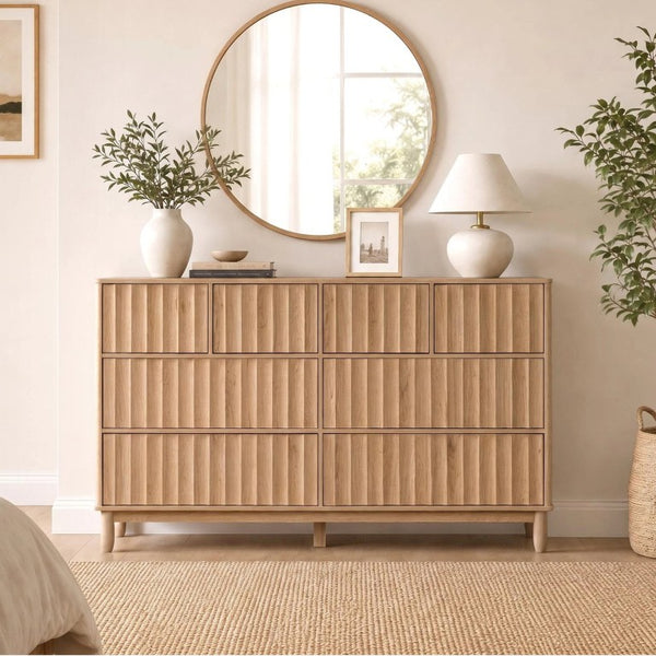 English Elm Mid Century Fluted 8 Drawer Dresser with Push Open Design and Solid Wood Legs Oak N739SC00003T