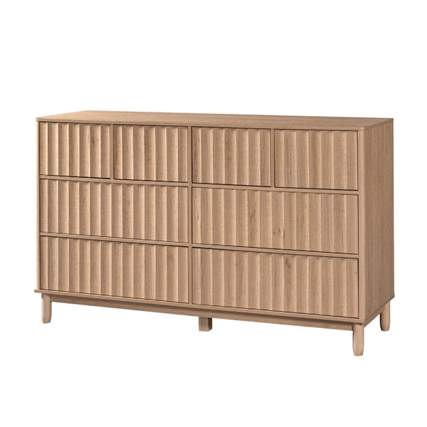 English Elm Mid Century Fluted 8 Drawer Dresser with Push Open Design and Solid Wood Legs Oak N739SC00003T