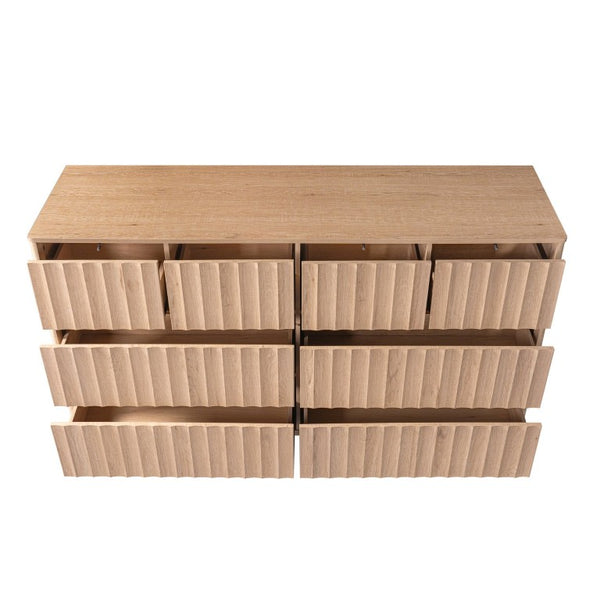English Elm Mid Century Fluted 8 Drawer Dresser with Push Open Design and Solid Wood Legs Oak N739SC00003T