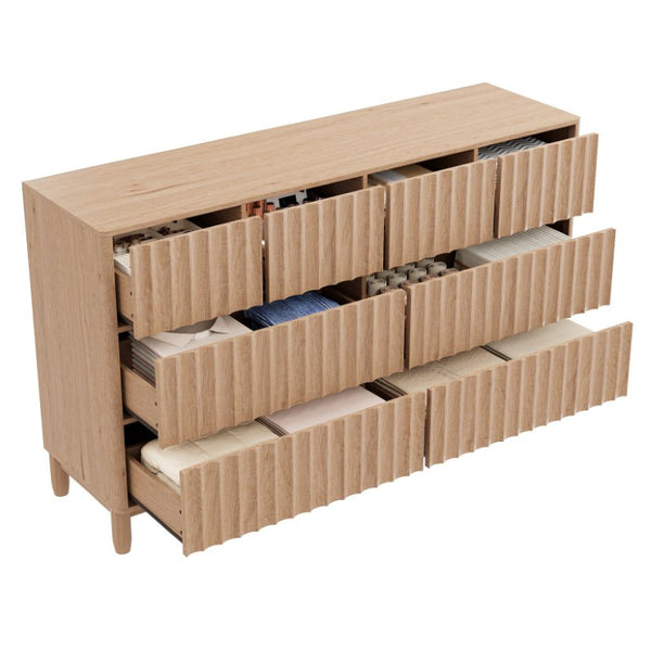 English Elm Mid Century Fluted 8 Drawer Dresser with Push Open Design and Solid Wood Legs Oak N739SC00003T