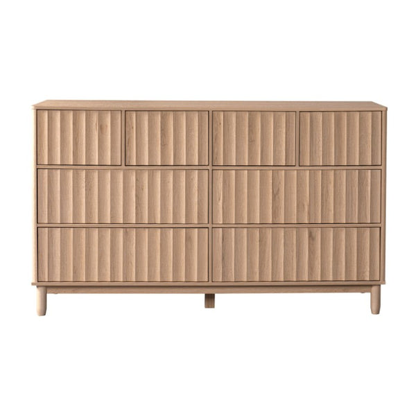 English Elm Mid Century Fluted 8 Drawer Dresser with Push Open Design and Solid Wood Legs Oak N739SC00003T