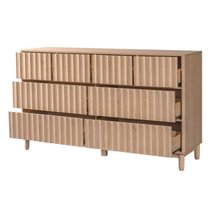 English Elm Mid Century Fluted 8 Drawer Dresser with Push Open Design and Solid Wood Legs Oak N739SC00003T