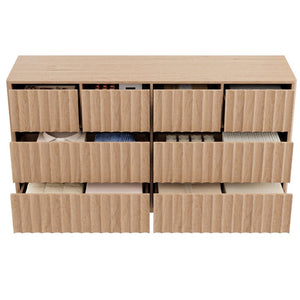 English Elm Mid Century Fluted 8 Drawer Dresser with Push Open Design and Solid Wood Legs Oak N739SC00003T
