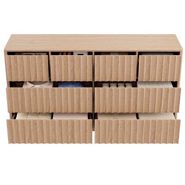 English Elm Mid Century Fluted 8 Drawer Dresser with Push Open Design and Solid Wood Legs Oak N739SC00003T