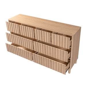 English Elm Mid Century Fluted 8 Drawer Dresser with Push Open Design and Solid Wood Legs Oak N739SC00003T