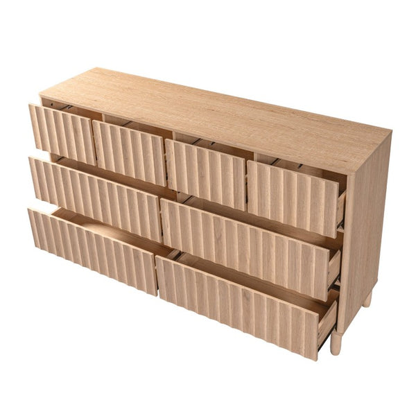English Elm Mid Century Fluted 8 Drawer Dresser with Push Open Design and Solid Wood Legs Oak N739SC00003T