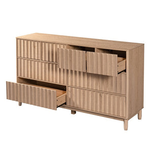 English Elm Mid Century Fluted 8 Drawer Dresser with Push Open Design and Solid Wood Legs Oak N739SC00003T