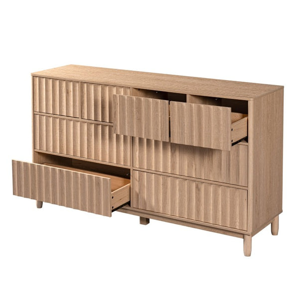 English Elm Mid Century Fluted 8 Drawer Dresser with Push Open Design and Solid Wood Legs Oak N739SC00003T