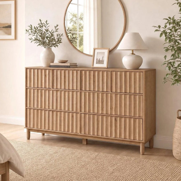 English Elm Mid Century Fluted 8 Drawer Dresser with Push Open Design and Solid Wood Legs Oak N739SC00003T