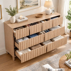 English Elm Mid Century Fluted 8 Drawer Dresser with Push Open Design and Solid Wood Legs Oak N739SC00003T