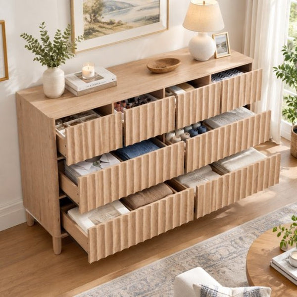 English Elm Mid Century Fluted 8 Drawer Dresser with Push Open Design and Solid Wood Legs Oak N739SC00003T