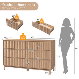 English Elm Mid Century Fluted 8 Drawer Dresser with Push Open Design and Solid Wood Legs Oak N739SC00003T