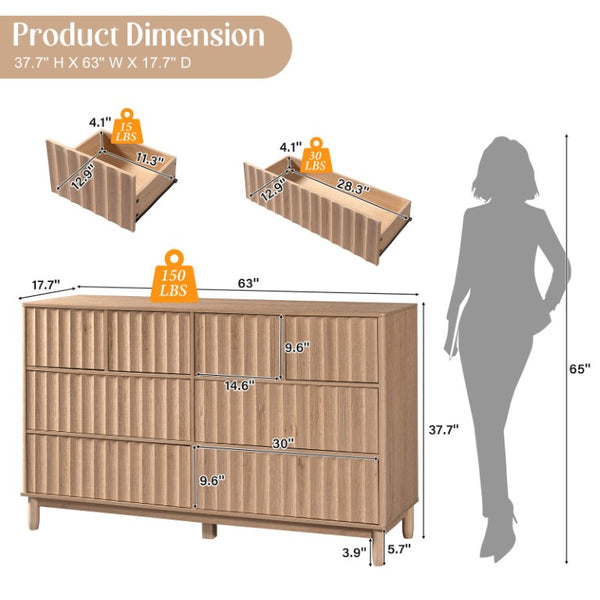 English Elm Mid Century Fluted 8 Drawer Dresser with Push Open Design and Solid Wood Legs Oak N739SC00003T