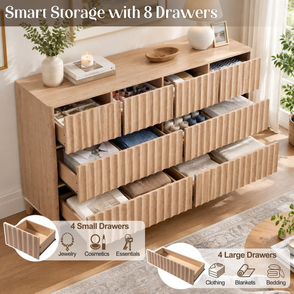English Elm Mid Century Fluted 8 Drawer Dresser with Push Open Design and Solid Wood Legs Oak N739SC00003T