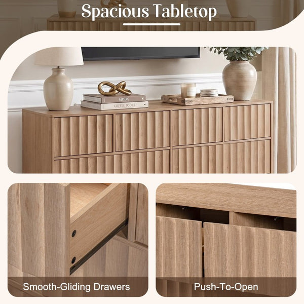 English Elm Mid Century Fluted 8 Drawer Dresser with Push Open Design and Solid Wood Legs Oak N739SC00003T