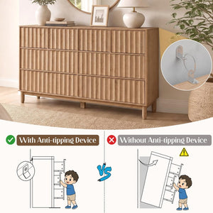 English Elm Mid Century Fluted 8 Drawer Dresser with Push Open Design and Solid Wood Legs Oak N739SC00003T