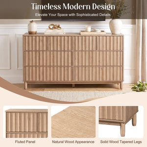 English Elm Mid Century Fluted 8 Drawer Dresser with Push Open Design and Solid Wood Legs Oak N739SC00003T