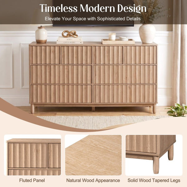 English Elm Mid Century Fluted 8 Drawer Dresser with Push Open Design and Solid Wood Legs Oak N739SC00003T
