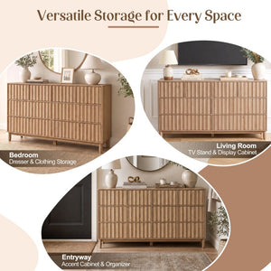 English Elm Mid Century Fluted 8 Drawer Dresser with Push Open Design and Solid Wood Legs Oak N739SC00003T