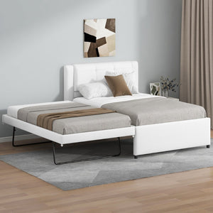 English Elm Twin Upholstered Platform Bed with Adjustable Trundle Linen Headboard Guest Room Beige N7500000614A