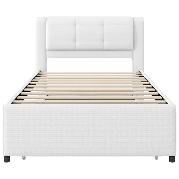 English Elm Twin Upholstered Platform Bed with Adjustable Trundle Linen Headboard Guest Room Beige N7500000614A
