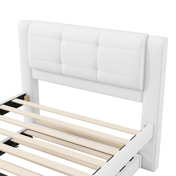 English Elm Twin Upholstered Platform Bed with Adjustable Trundle Linen Headboard Guest Room Beige N7500000614A