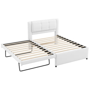 English Elm Twin Upholstered Platform Bed with Adjustable Trundle Linen Headboard Guest Room Beige N7500000614A