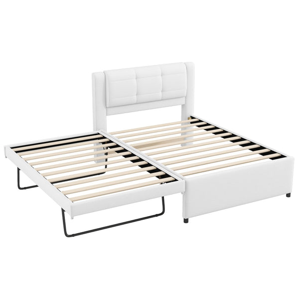 English Elm Twin Upholstered Platform Bed with Adjustable Trundle Linen Headboard Guest Room Beige N7500000614A