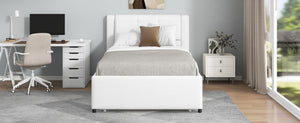 English Elm Twin Upholstered Platform Bed with Adjustable Trundle Linen Headboard Guest Room Beige N7500000614A