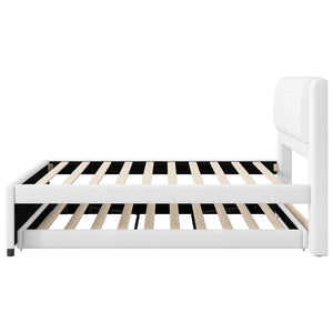 English Elm Twin Upholstered Platform Bed with Adjustable Trundle Linen Headboard Guest Room Beige N7500000614A