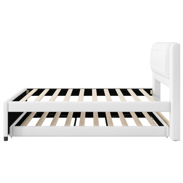 English Elm Twin Upholstered Platform Bed with Adjustable Trundle Linen Headboard Guest Room Beige N7500000614A