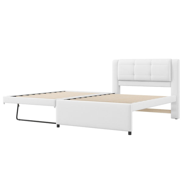 English Elm Twin Upholstered Platform Bed with Adjustable Trundle Linen Headboard Guest Room Beige N7500000614A