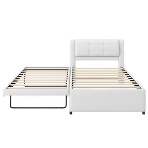 English Elm Twin Upholstered Platform Bed with Adjustable Trundle Linen Headboard Guest Room Beige N7500000614A