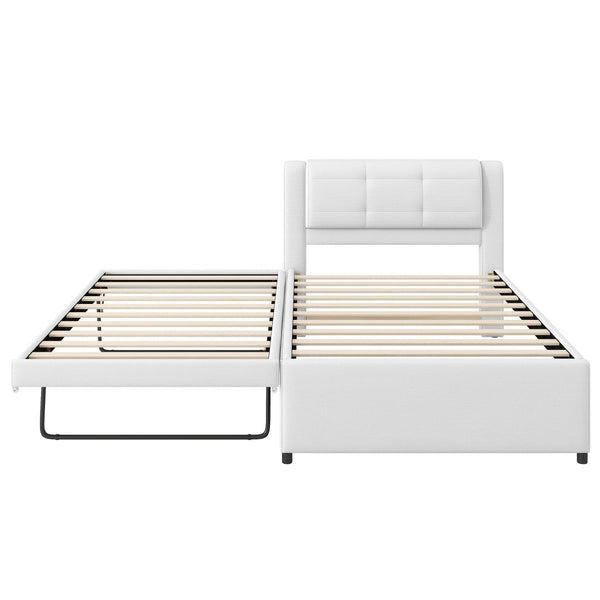 English Elm Twin Upholstered Platform Bed with Adjustable Trundle Linen Headboard Guest Room Beige N7500000614A