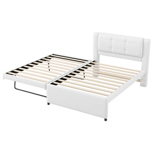 English Elm Twin Upholstered Platform Bed with Adjustable Trundle Linen Headboard Guest Room Beige N7500000614A