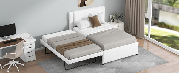 English Elm Twin Upholstered Platform Bed with Adjustable Trundle Linen Headboard Guest Room Beige N7500000614A