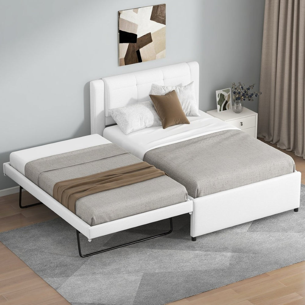 English Elm Twin Upholstered Platform Bed with Adjustable Trundle Linen Headboard Guest Room Beige N7500000614A