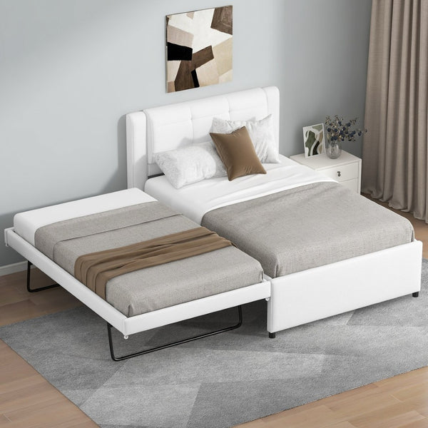 English Elm Twin Upholstered Platform Bed with Adjustable Trundle Linen Headboard Guest Room Beige N7500000614A