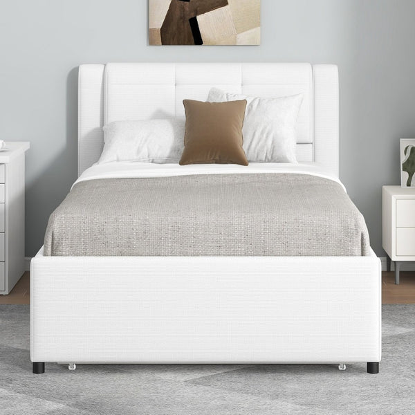 English Elm Twin Upholstered Platform Bed with Adjustable Trundle Linen Headboard Guest Room Beige N7500000614A