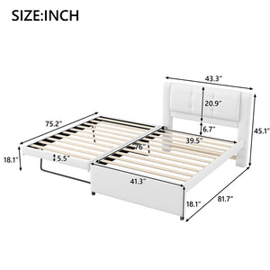 English Elm Twin Upholstered Platform Bed with Adjustable Trundle Linen Headboard Guest Room Beige N7500000614A